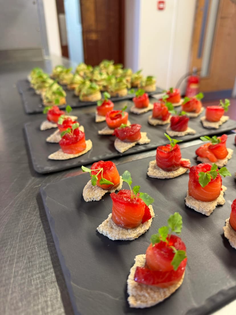 Canapes - beetroot and gin cured salmon on cracker bread