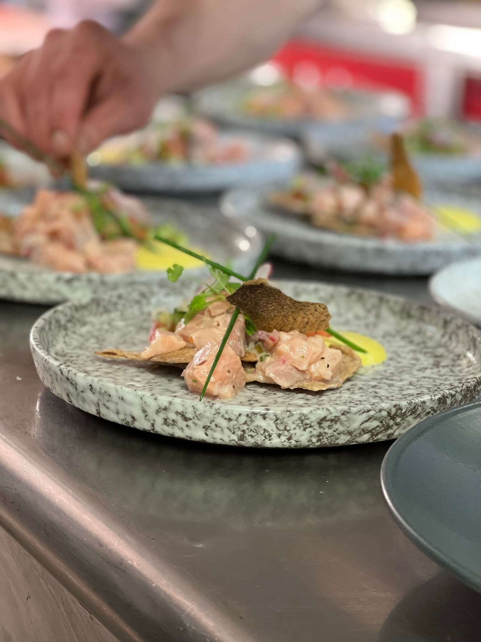 Tuna Ceviche - tiger milk, cracker bread & crispy salmon skin